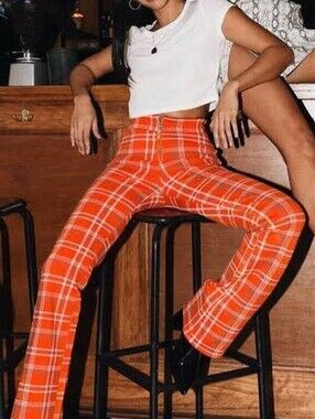 I.AM.GIA Polaris Orange Plaid High Rise Kick Flare Pull On Pants
